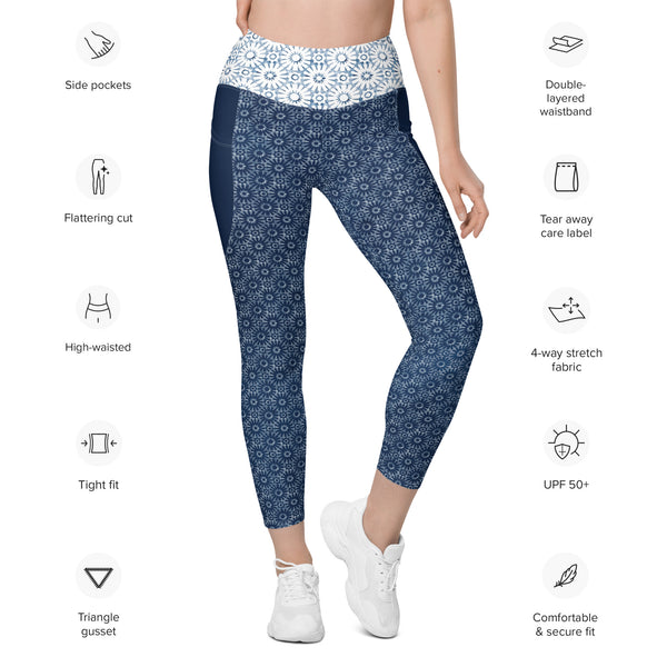 Shibori Tile Flower Print Leggings with pockets - MoxiCali