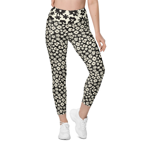Black and White Flower Leggings with pockets - MoxiCali