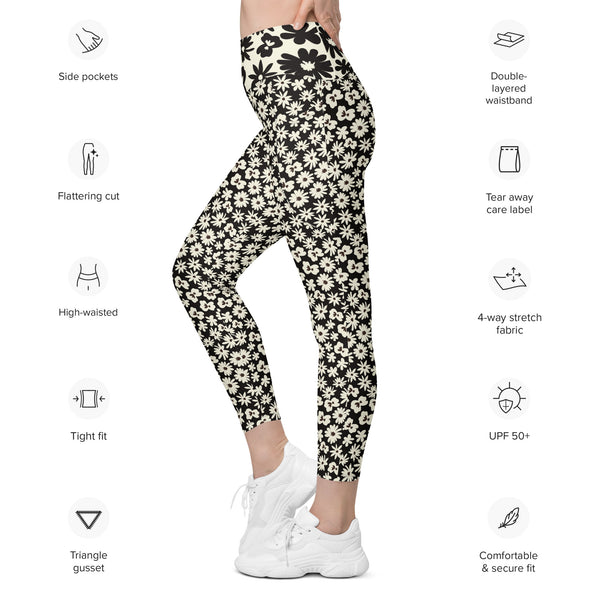 Black and White Flower Leggings with pockets - MoxiCali