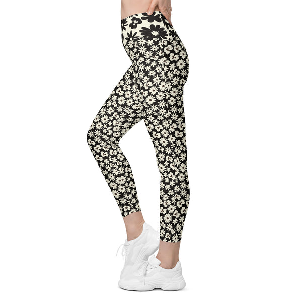 Black and White Flower Leggings with pockets - MoxiCali