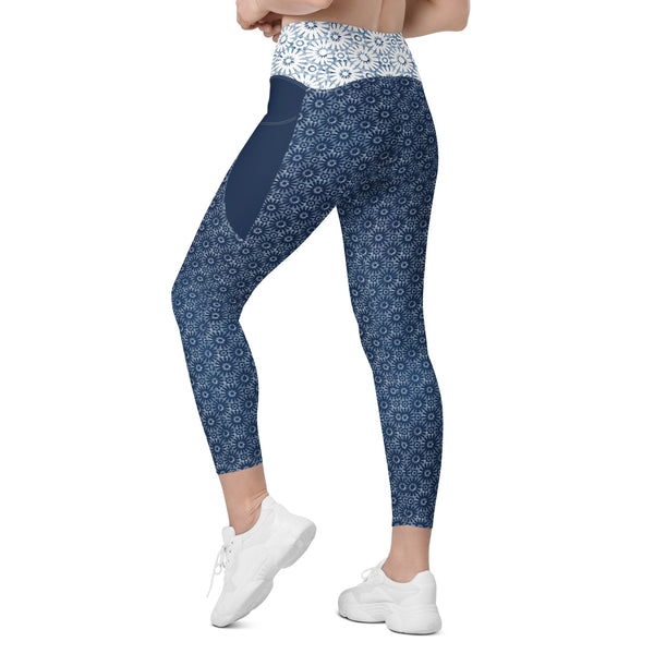 Shibori Tile Flower Print Leggings with pockets - MoxiCali