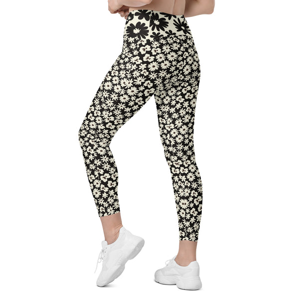 Black and White Flower Leggings with pockets - MoxiCali