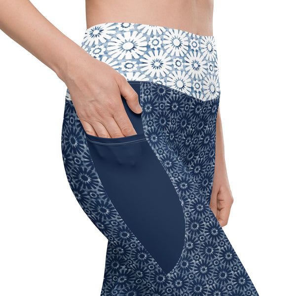Shibori Tile Flower Print Leggings with pockets - MoxiCali