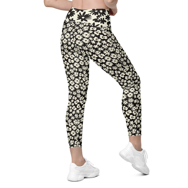 Black and White Flower Leggings with pockets - MoxiCali