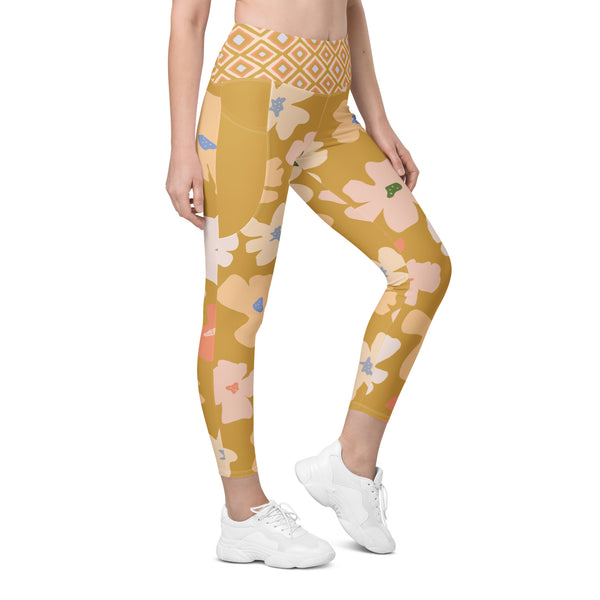 Big Retro Flower and Tribal Print Leggings with pockets - MoxiCali