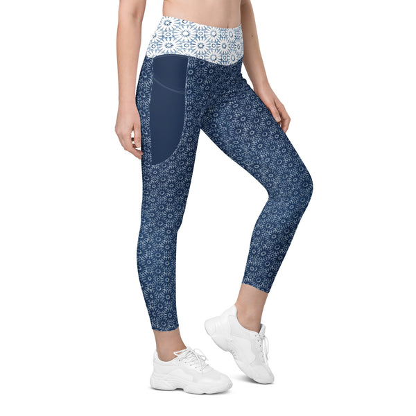 Shibori Tile Flower Print Leggings with pockets - MoxiCali