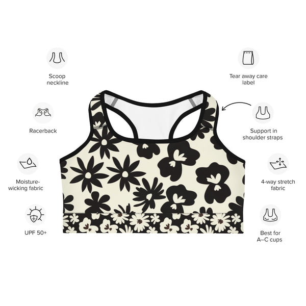 Black and White Flower Print Sports bra - MoxiCali