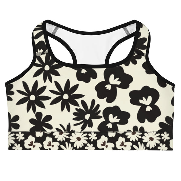 Black and White Flower Print Sports bra - MoxiCali