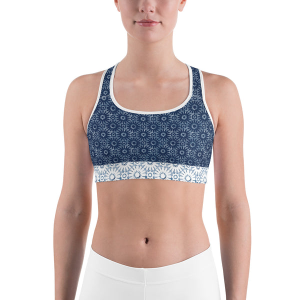 Shibori Moroccan Tile Flower Print Sports Bra - MoxiCali