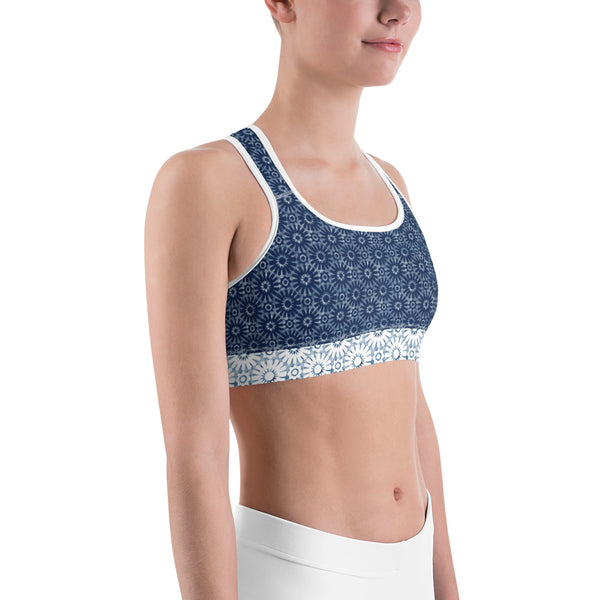 Shibori Moroccan Tile Flower Print Sports Bra - MoxiCali